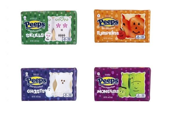 Peeps Halloween Marshmallow Candy, Sugar Coated Spooky Shapes: Ghosts, Monsters, Skulls and Pumpkins, Pack of 4