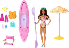 Barbie Summer Vacation Doll and Kayak Playset, Brunette Doll in Floral Swimsuit with Kayak, Paddle, Beach Chair, Umbrella, Life Vest, Snorkel Set – Ages 3+