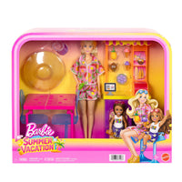 Barbie Summer Vacation Blonde Doll and Smoothie Stand Playset, Plastic, Fruit-Print Outfit, Table, Chairs and 16+ Accessories, Pink, for Kids Ages 3+