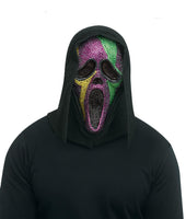 Fun World Ghost Face Mardi Gras Bling Full Mask- Officially Licensed- One Size Fits Most- Purple, Green and Gold Bling with Black Shimmer Shroud