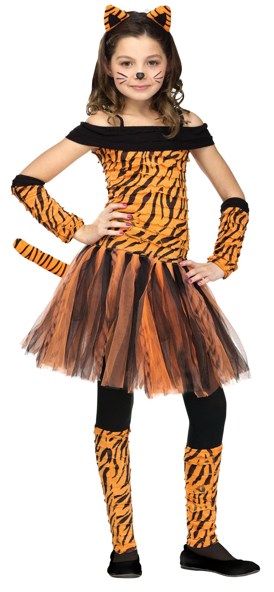 Fun World Girls Tigress Costume – Orange and Black Tiger Dress with Hood and Tail for Kids – Wild Animal Halloween Costume for Girls