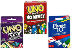 Mattel Uno No Mercy, Flip and Phase 10 Card Game, Combo Pack of 3
