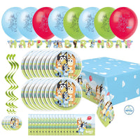 Bluey Birthday Party Supplies Kit – 47-Piece Bundle with Happy Birthday Banner, 8 Latex Balloons, 16 Dinner Plates, 16 Napkins, Tablecloth, 3 Hanging Swirls & Birthday Sticker | Serves 16 Guests