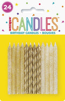 Glitter and Gold Spiral Birthday Candles 24 Pack – Assorted Elegant Cake Candles for Parties and Celebrations