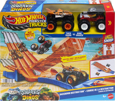 Hot Wheels Monster Trucks Racedown Destruction - Tiger Shark VS Bone Shaker - Speed Snap Track System - Ages 4+