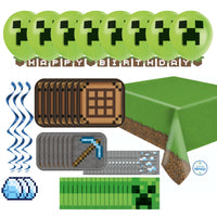 Unique Minecraft Birthday Party Supplies for 16 Guests – 63 Piece Kit | Plates, Napkins, Table Cover, Banner, Swirls, Balloons & Sticker | Officially Licensed