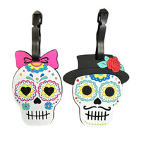 His and Hers Sugar Skull Luggage Tags for Suitcases - Set of 2 Durable Silicone Travel Bag Tags, Colorful Day of The Dead Design, Easy Identification for Men and Women