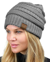 C.C Unisex Chunky Soft Stretch Cable Knit Warm Fuzzy Lined Skully Beanie, Light Melange Gray