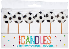 Soccer-Themed Birthday Candles (Pack of 6) – Black and White Wax Candles on Wooden Picks for Sports Party Cakes and Celebrations