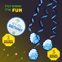 Unique Minecraft Birthday Party Supplies for 16 Guests – 63 Piece Kit | Plates, Napkins, Table Cover, Banner, Swirls, Balloons & Sticker | Officially Licensed