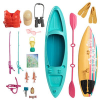 Barbie World Kayak & Surf Playset with 17 Camping Accessories