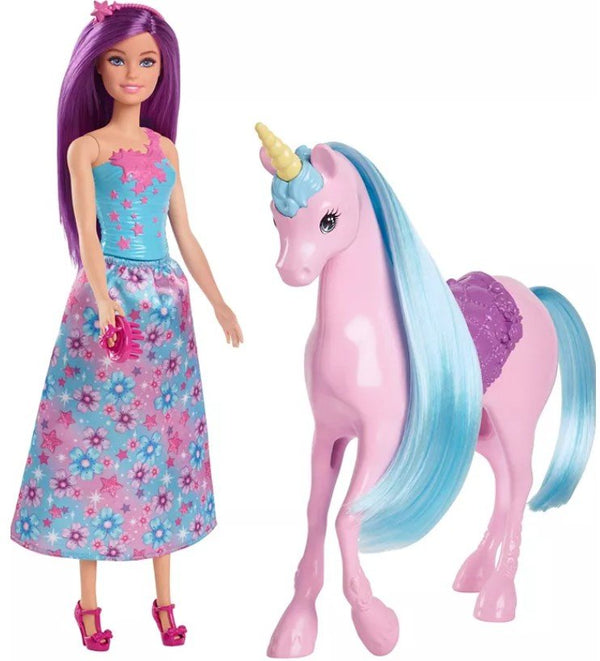 Barbie Fantasy Doll & Unicorn Toy Set - Includes Saddle, Brush, & Accessories