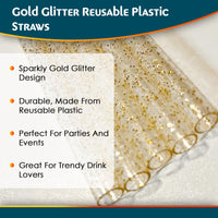 Gold Glitter Reusable Plastic Straws 10 Pack – Elegant Drink Straws for Parties, Weddings and Special Events