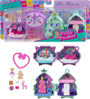 Polly Pocket Mini Toys, Holiday Stackable Compact Playset Bundle with Micro Doll, Accessories, Pet Animal, Travel Toy with Clip