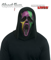 Fun World Ghost Face Mardi Gras Bling Full Mask- Officially Licensed- One Size Fits Most- Purple, Green and Gold Bling with Black Shimmer Shroud