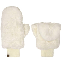 CC Soft Faux Fur Fuzzy Lined Flip Up Down Top Fingerless Mitten Gloves (Solid Ivory)