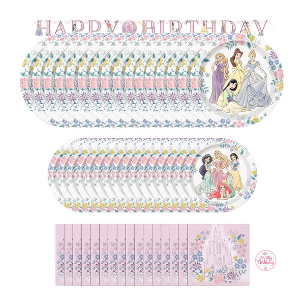 Unique Disney Princess Birthday Party Supplies for 16 Guests – 50 Piece Kit | Plates, Napkins, Happy Birthday Banner & Sticker | Officially Licensed
