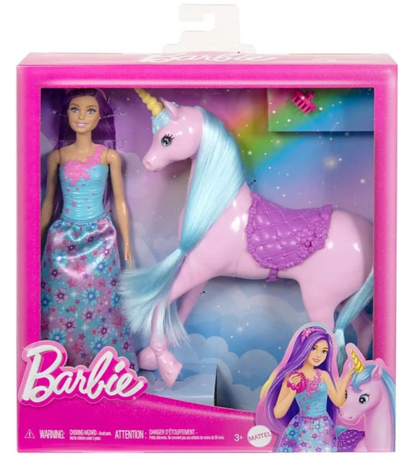 Barbie Fantasy Doll & Unicorn Toy Set - Includes Saddle, Brush, & Accessories