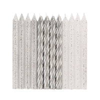 Glitter and Silver Spiral Birthday Candles 24 Pack – Assorted Elegant Cake Candles for Parties and Celebrations