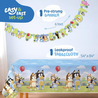 Bluey Birthday Party Supplies Kit – 47-Piece Bundle with Happy Birthday Banner, 8 Latex Balloons, 16 Dinner Plates, 16 Napkins, Tablecloth, 3 Hanging Swirls & Birthday Sticker | Serves 16 Guests
