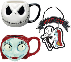 Nightmare Before Christmas Jack And Sally Coffee Mug Set And Sign | Ceramic Disney Cups | Set of 2 Disney Mugs + Misfit Love Sign