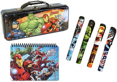 Marvel Avengers Metal Tin Pencil Case, Notebook and 4 Superhero Pens Set- Marvel Avengers Spiral Notebook, Hard Back, Iron Man, Captain America, Thor, Hulk and Black Widow School Supplies Accessories
